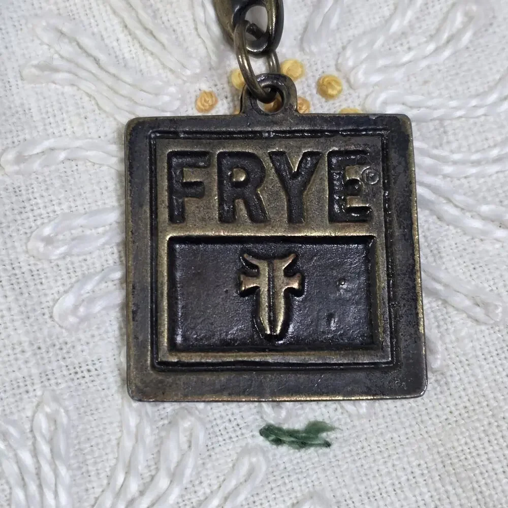 Frye Logo Metal Keychain Key Ring Bronze Tone Square Western Leather Brand